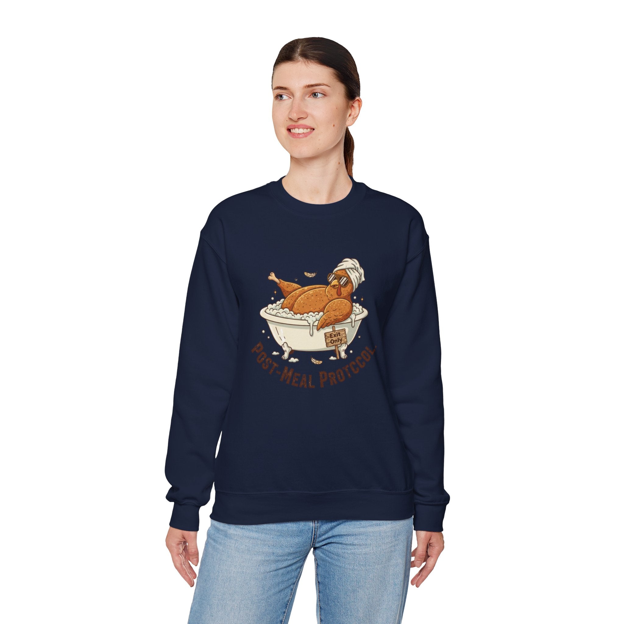 Crewneck Sweatshirt — "Post-Meal Protocol" Turkey Bath Cozy Graphic Pullover