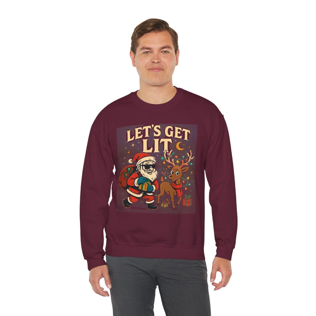 Crewneck Sweatshirt — 'Let's Get Lit' Santa & Reindeer Christmas Pullover