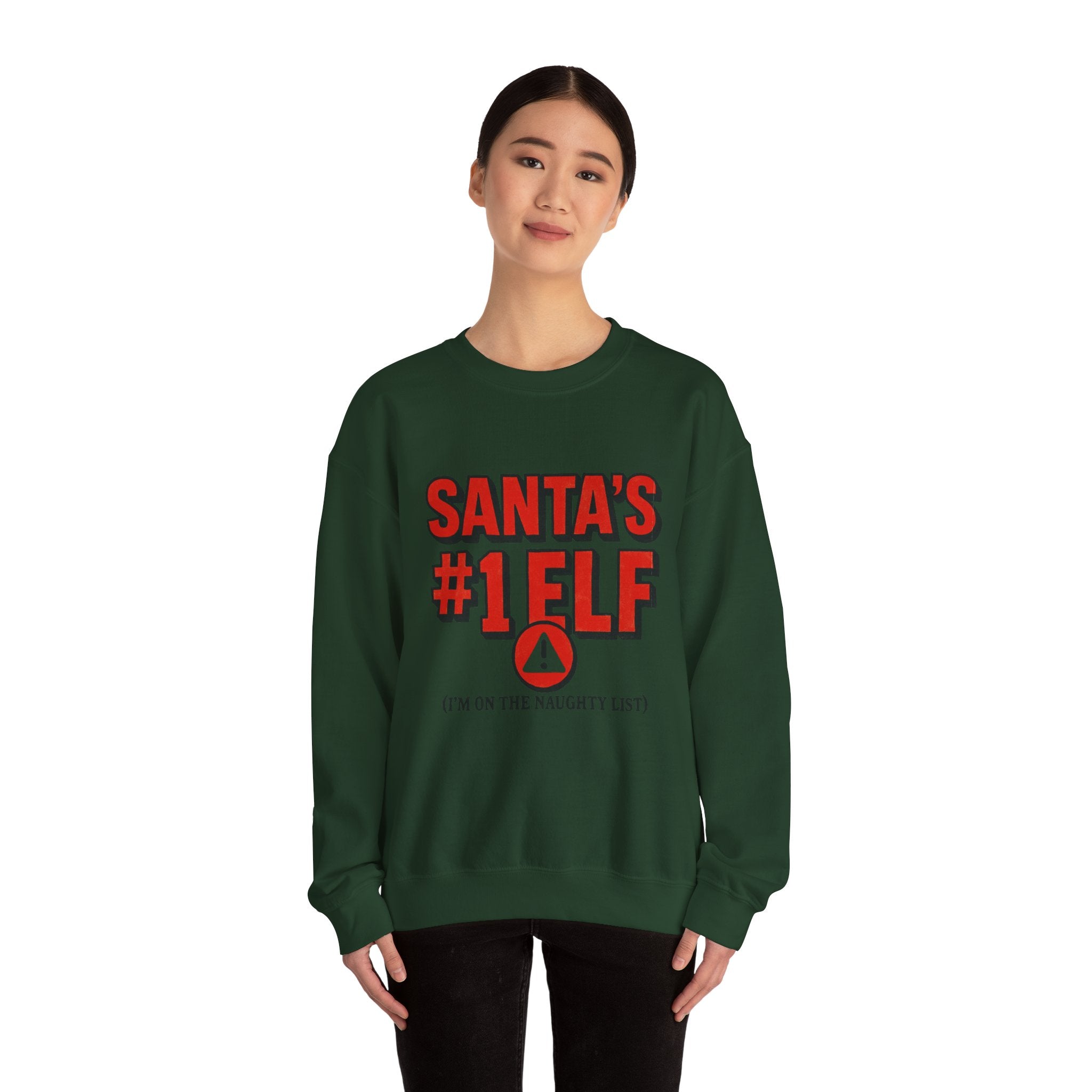 Santa's #1 Elf Crewneck Sweatshirt - Funny Holiday Christmas Sweater (I'm on the Naughty List)