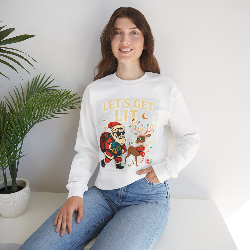Crewneck Sweatshirt — 'Let's Get Lit' Santa & Reindeer Christmas Pullover