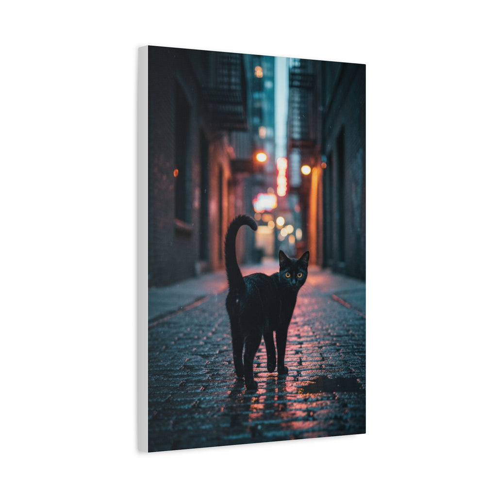Black Cat Alley Matte Canvas Print — Noir Street Photography Wall Art
