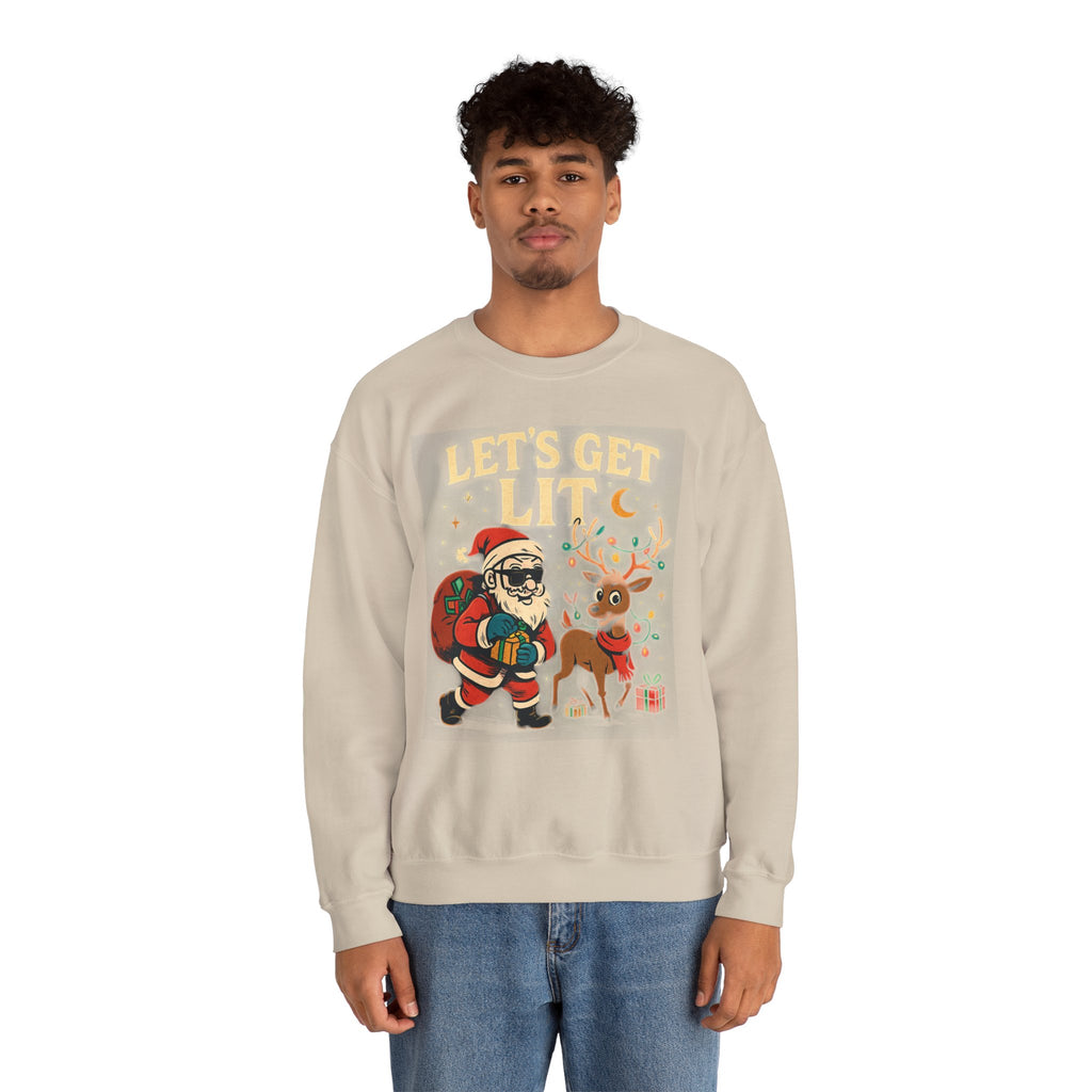 Crewneck Sweatshirt — 'Let's Get Lit' Santa & Reindeer Christmas Pullover