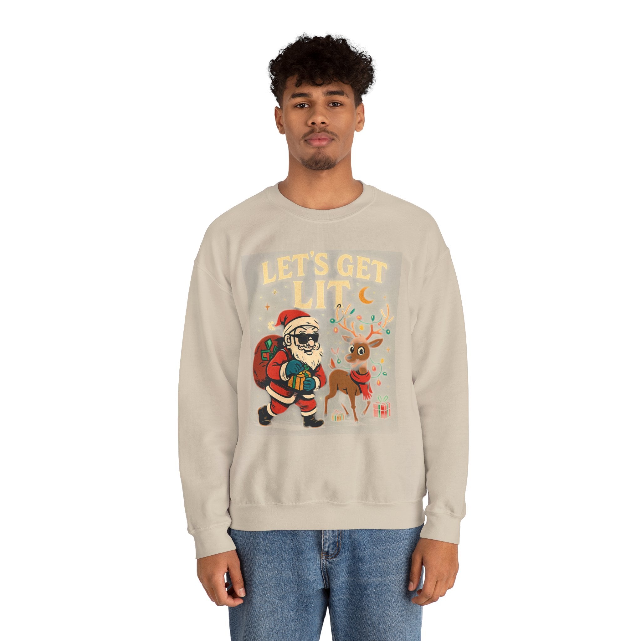 Crewneck Sweatshirt — 'Let's Get Lit' Santa & Reindeer Christmas Pullover