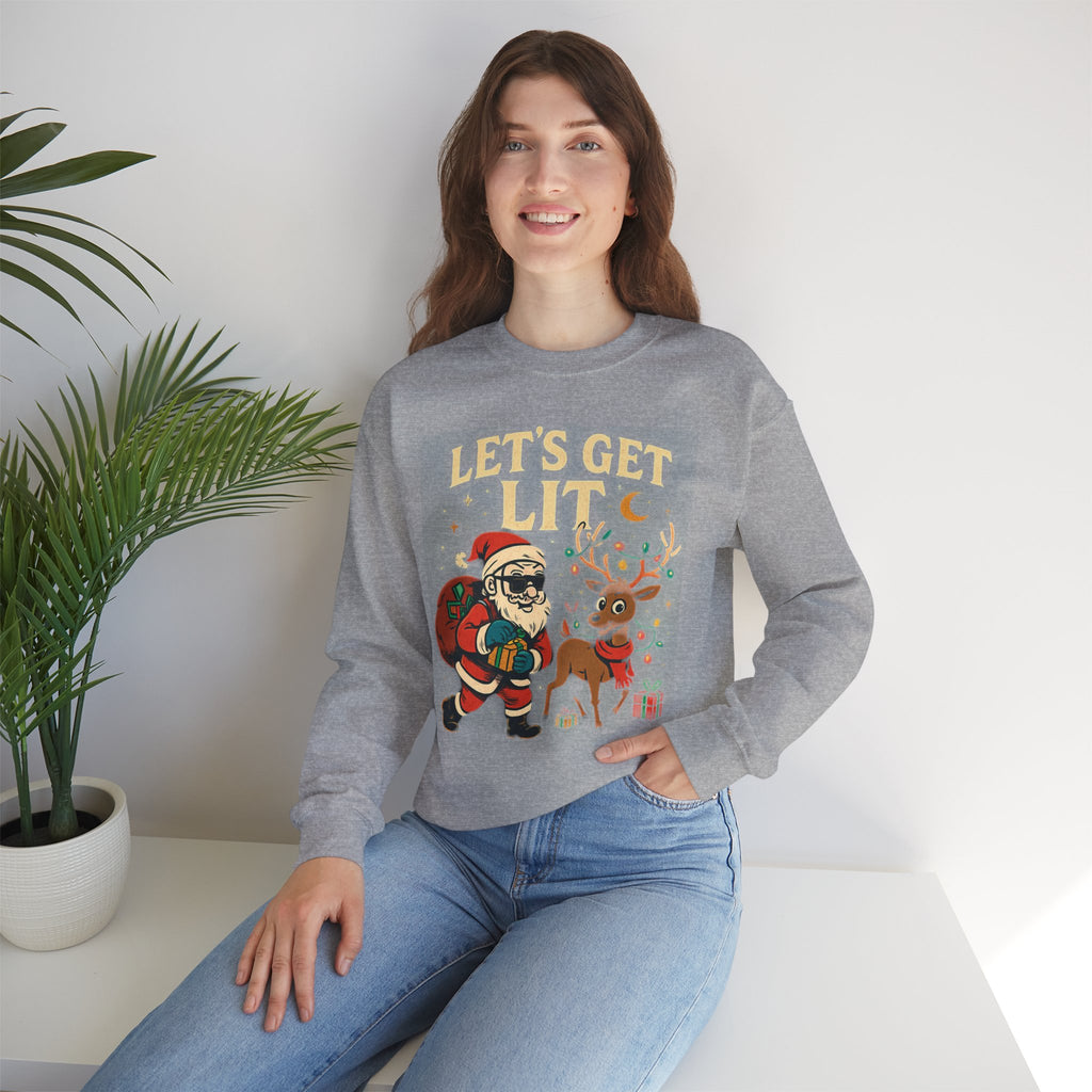 Crewneck Sweatshirt — 'Let's Get Lit' Santa & Reindeer Christmas Pullover