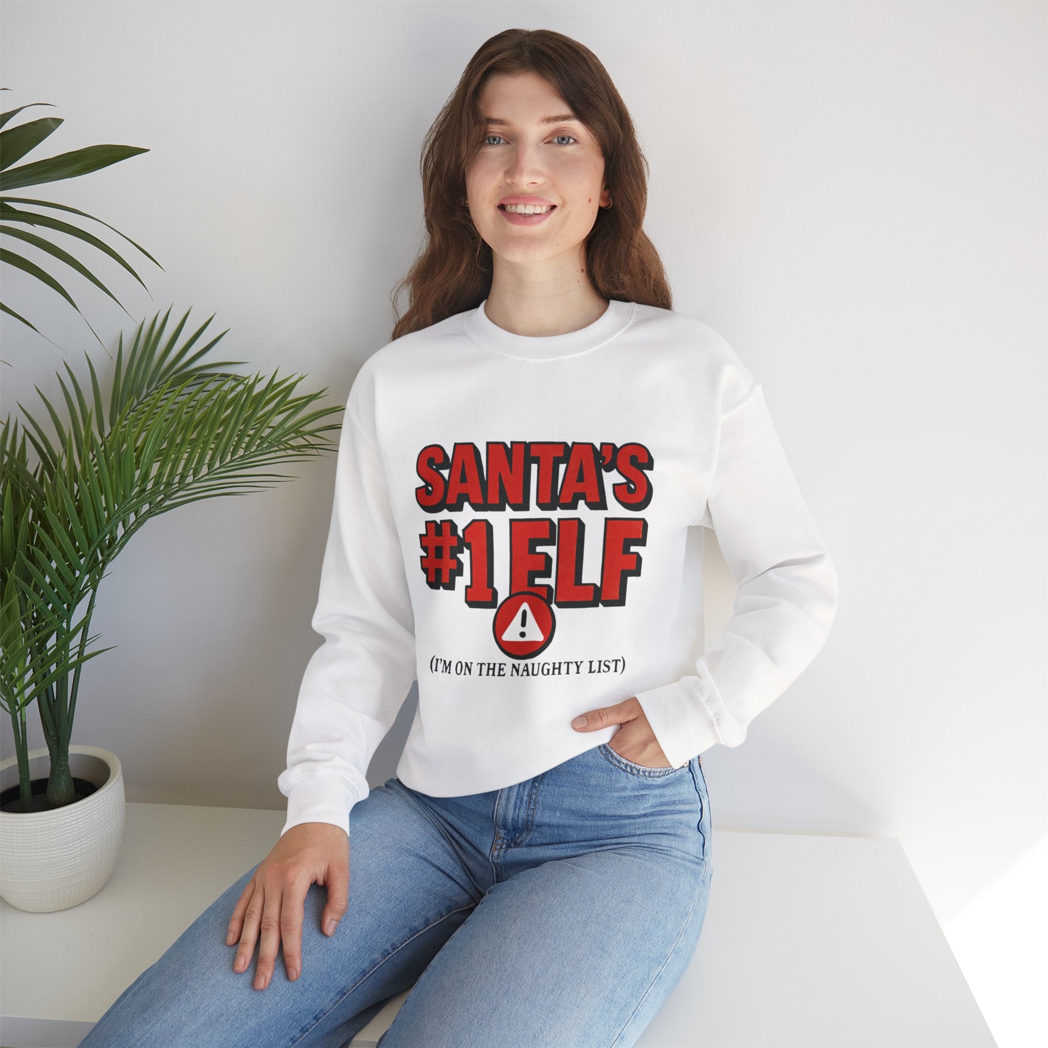 Santa's #1 Elf Crewneck Sweatshirt - Funny Holiday Christmas Sweater (I'm on the Naughty List)