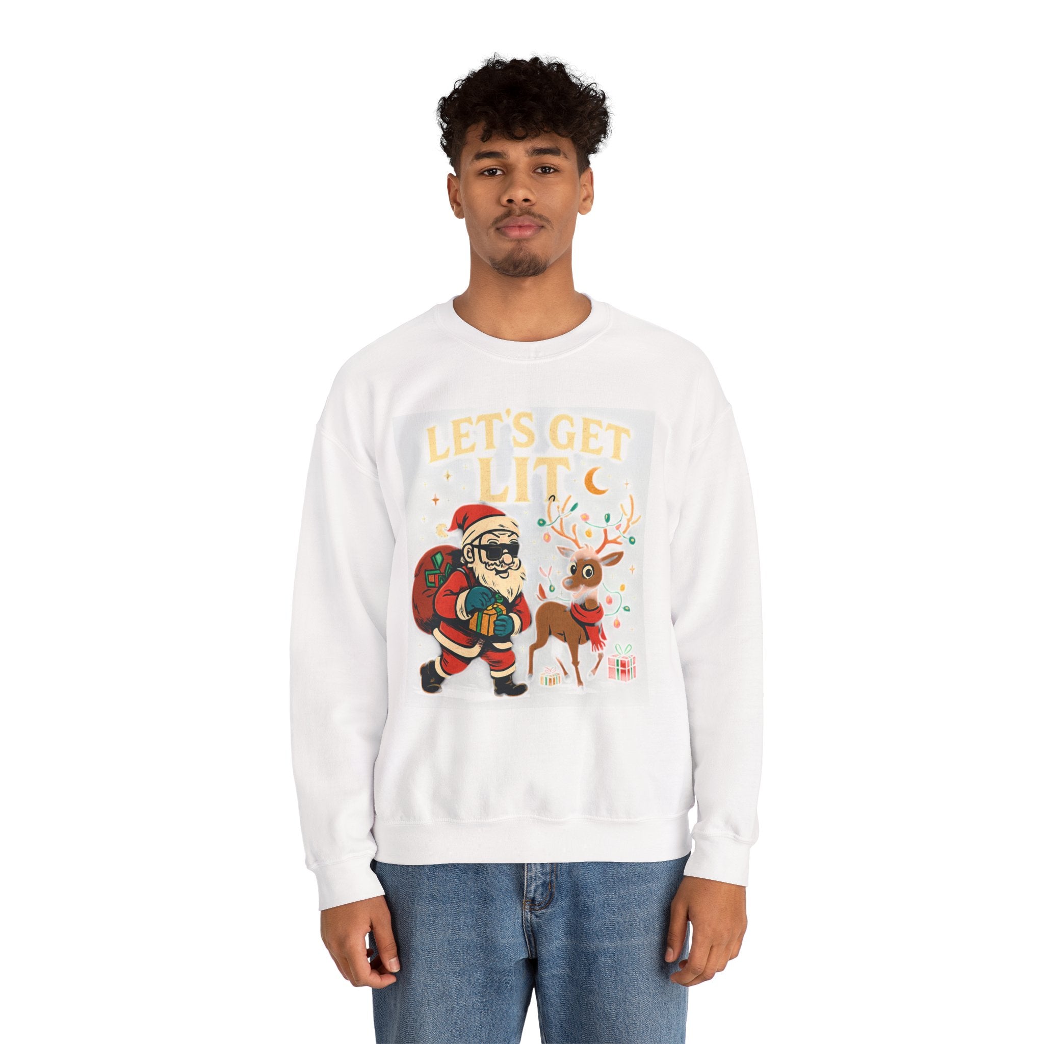 Crewneck Sweatshirt — 'Let's Get Lit' Santa & Reindeer Christmas Pullover