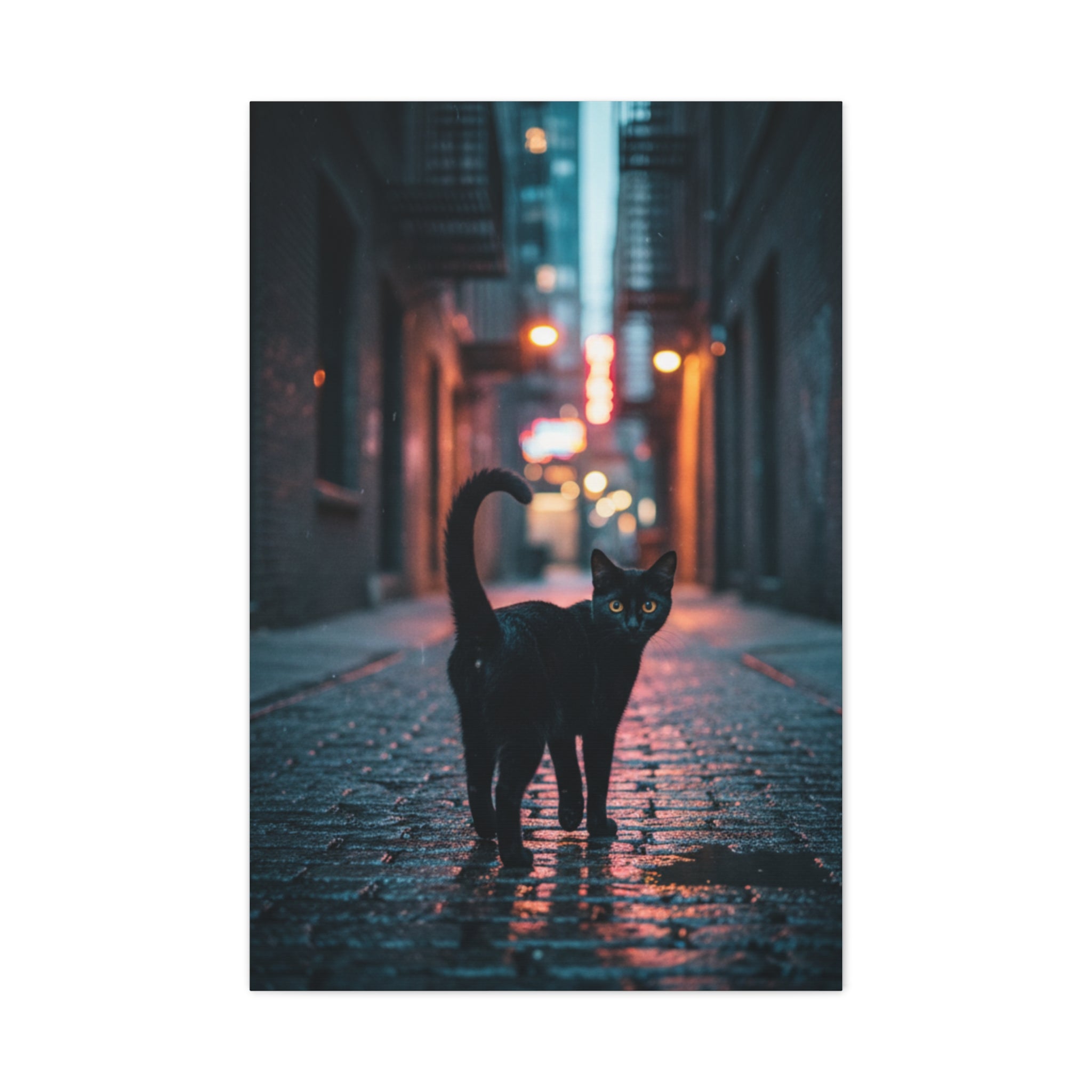 Black Cat Alley Matte Canvas Print — Noir Street Photography Wall Art