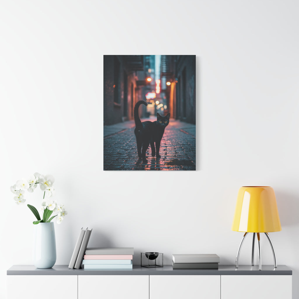 Black Cat Alley Matte Canvas Print — Noir Street Photography Wall Art