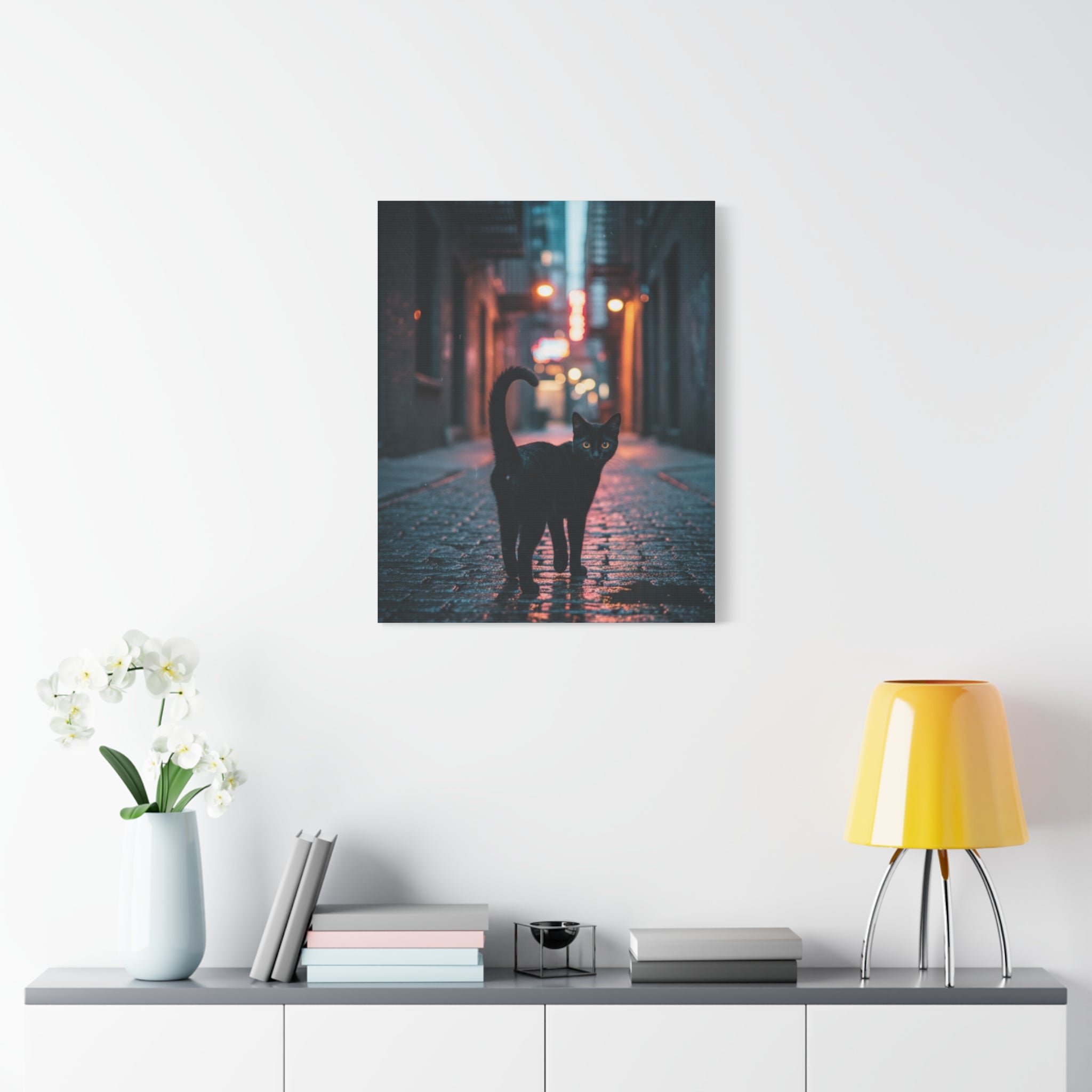 Black Cat Alley Matte Canvas Print — Noir Street Photography Wall Art