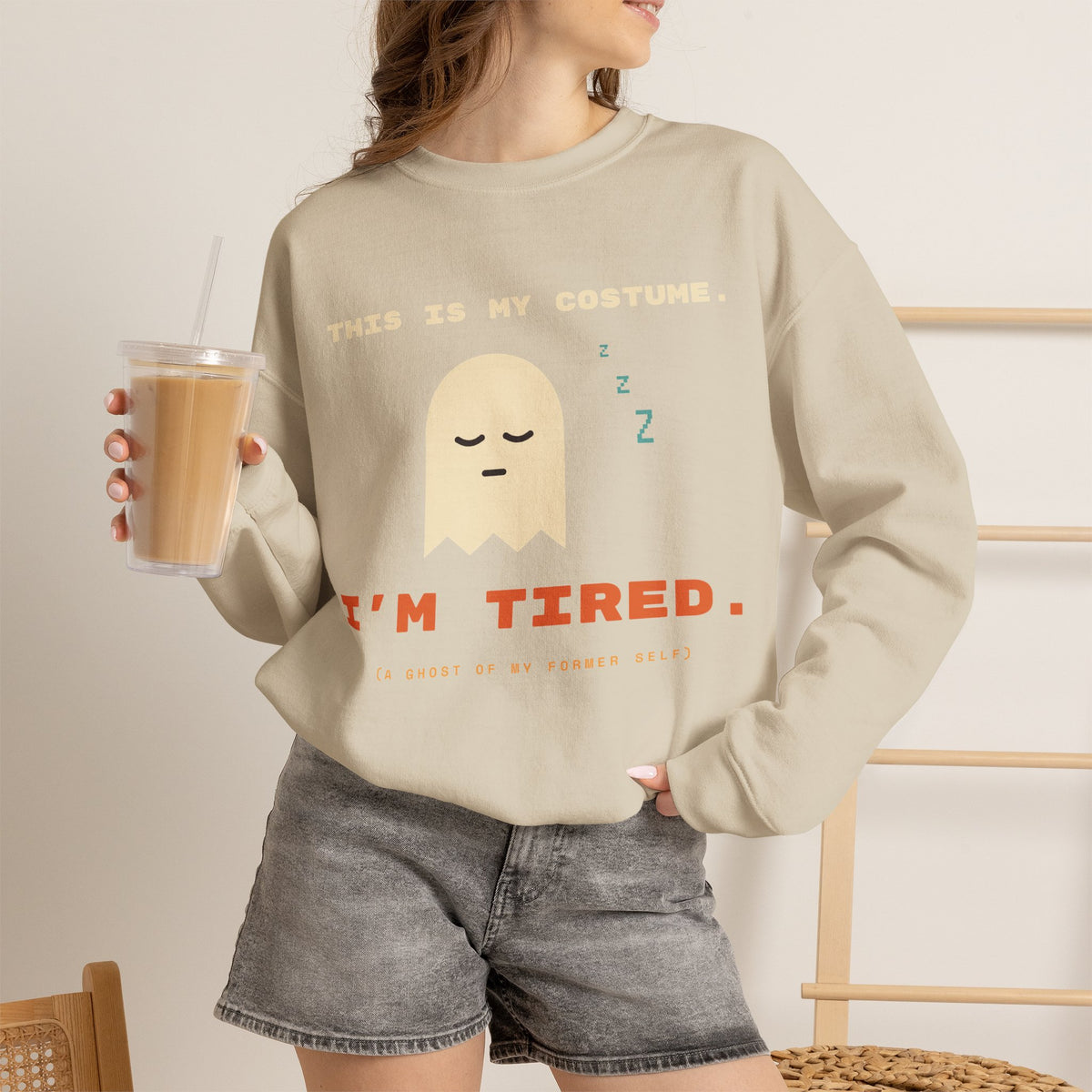 Crewneck Sweatshirt - "This Is My Costume. I’m Tired." Cute Sleepy Ghost Graphic