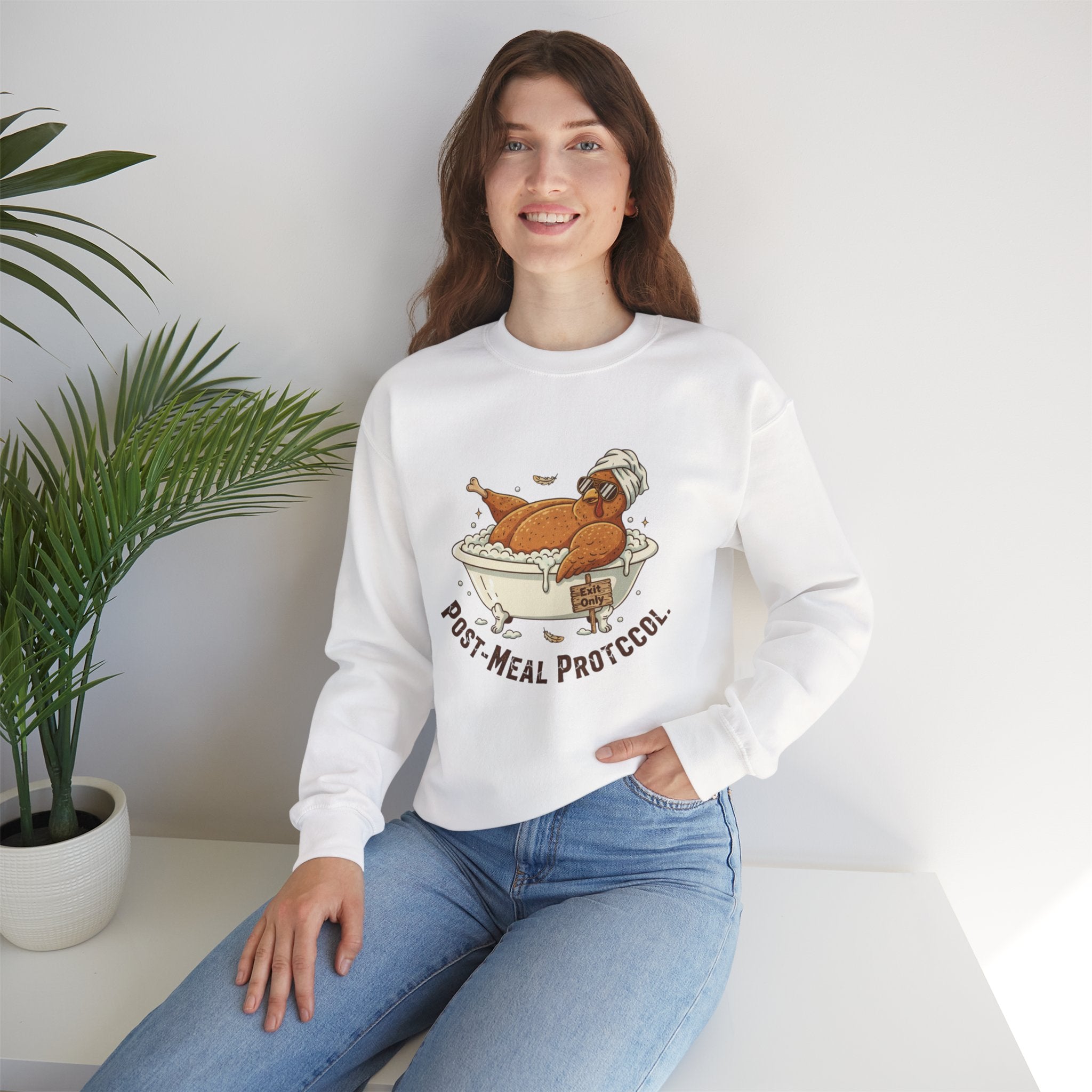 Crewneck Sweatshirt — "Post-Meal Protocol" Turkey Bath Cozy Graphic Pullover