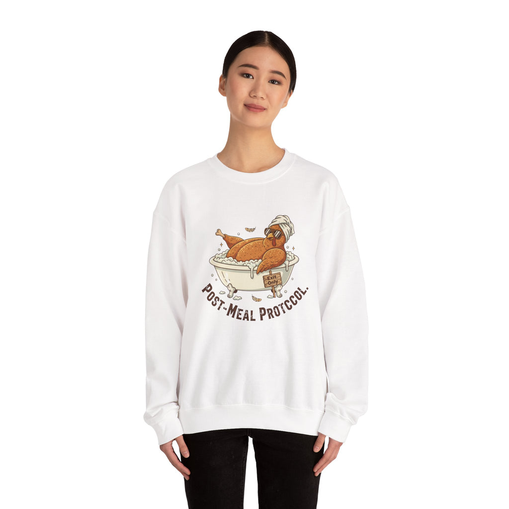 Crewneck Sweatshirt — "Post-Meal Protocol" Turkey Bath Cozy Graphic Pullover