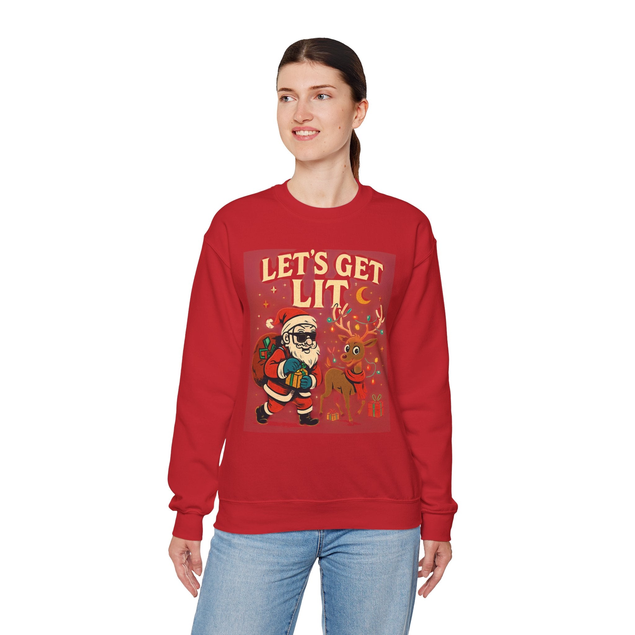 Crewneck Sweatshirt — 'Let's Get Lit' Santa & Reindeer Christmas Pullover