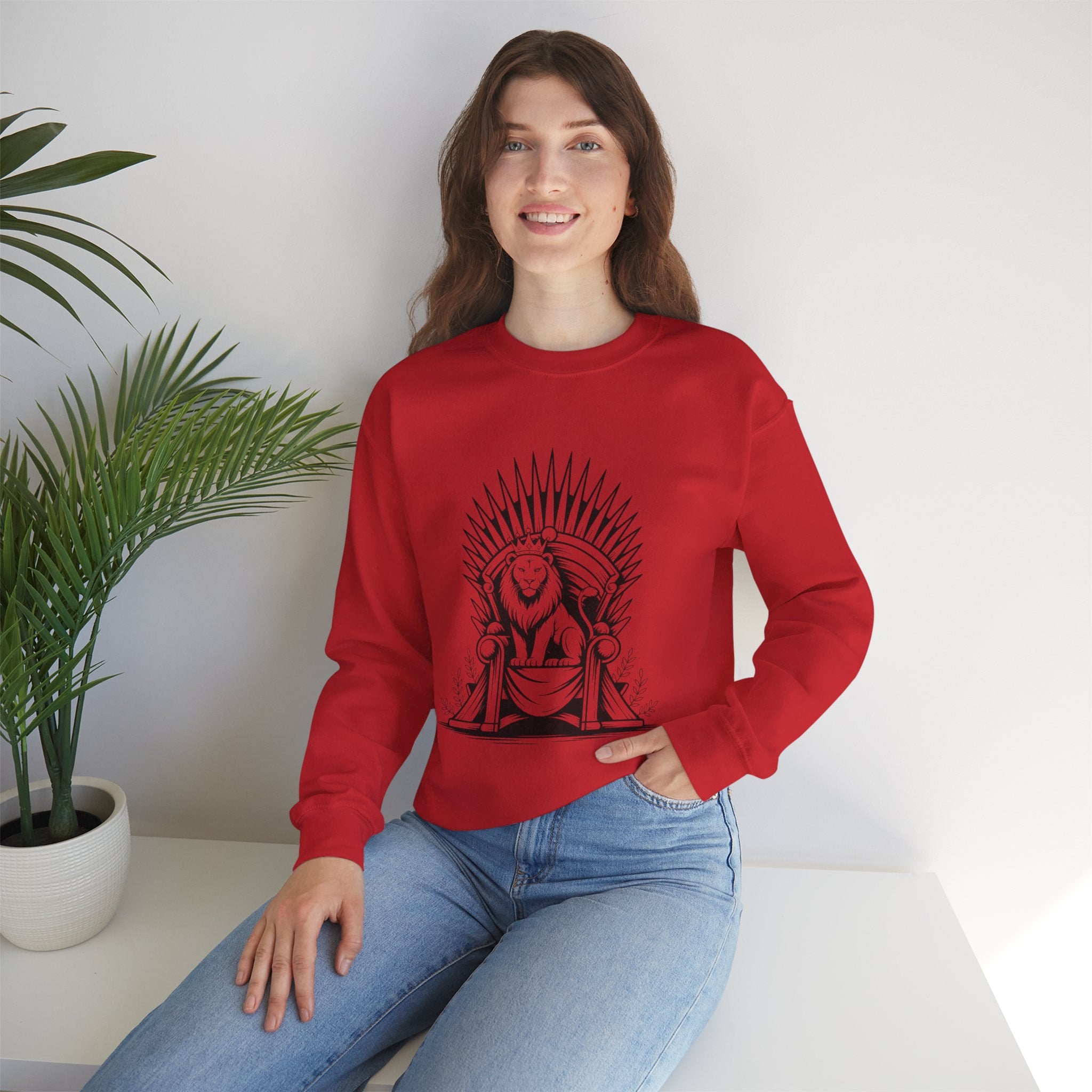 Lion Throne Crewneck Sweatshirt — Regal Lion Illustration Graphic