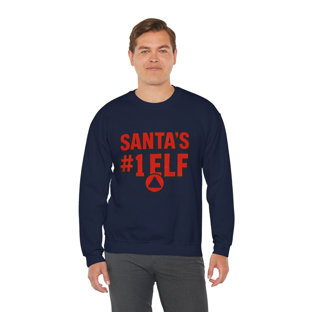 Santa's #1 Elf Crewneck Sweatshirt - Funny Holiday Christmas Sweater (I'm on the Naughty List)