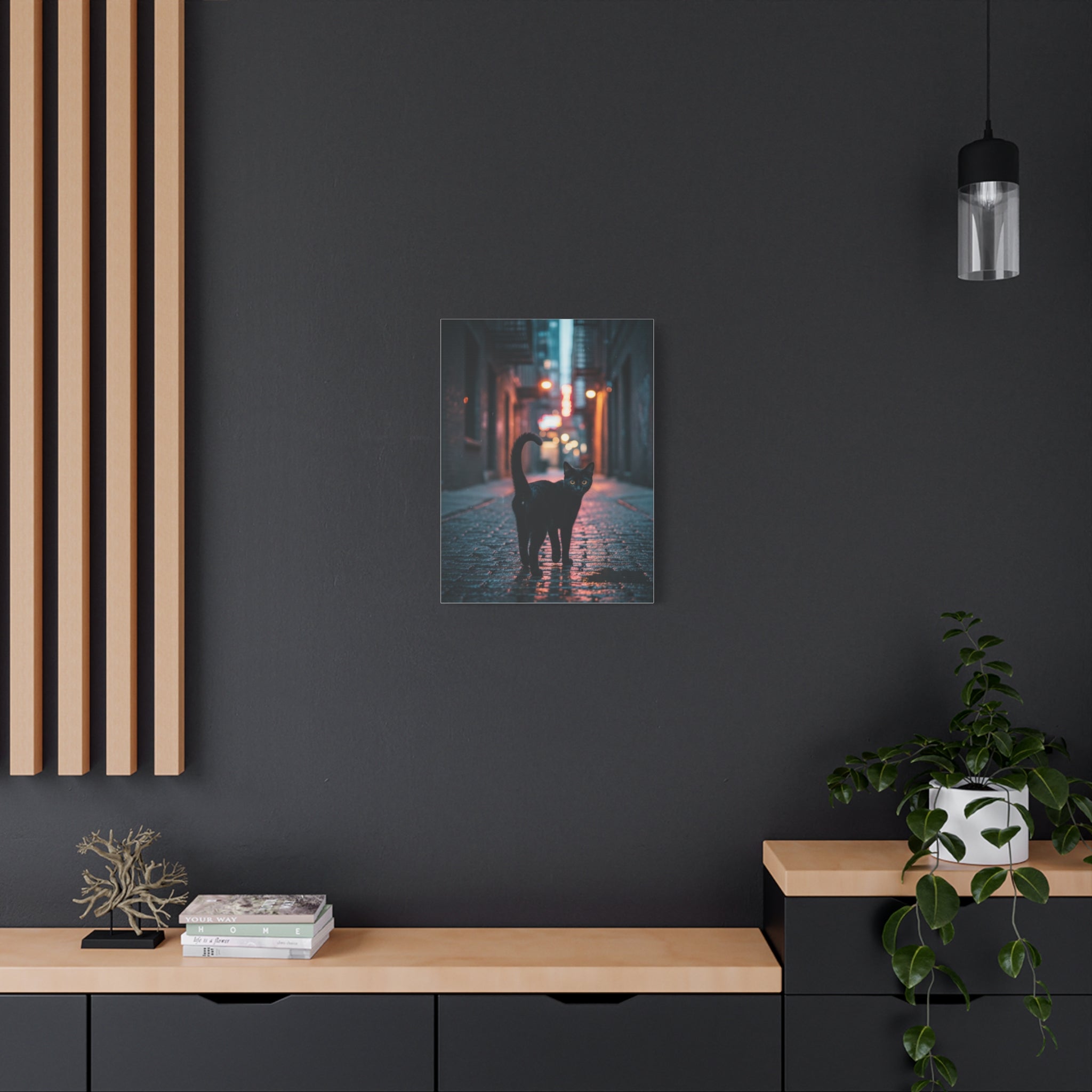 Black Cat Alley Matte Canvas Print — Noir Street Photography Wall Art
