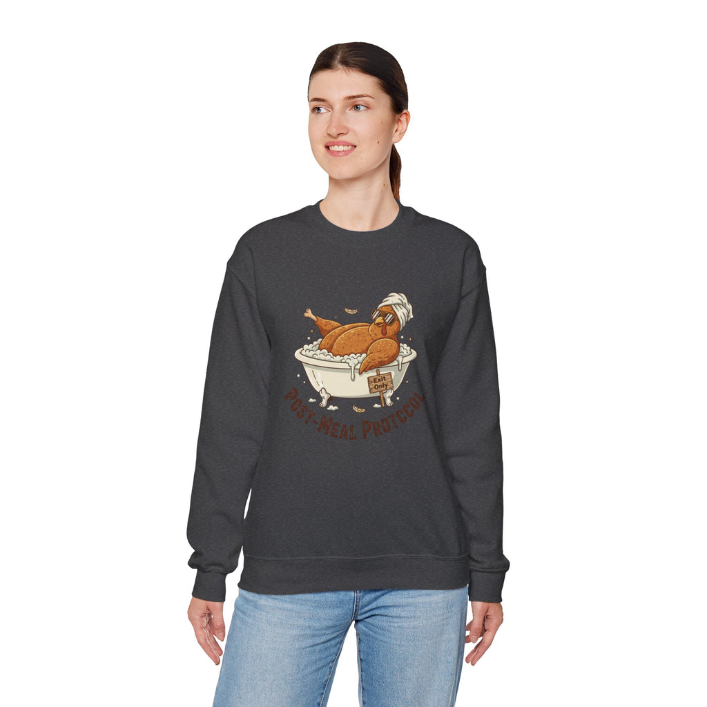 Crewneck Sweatshirt — "Post-Meal Protocol" Turkey Bath Cozy Graphic Pullover