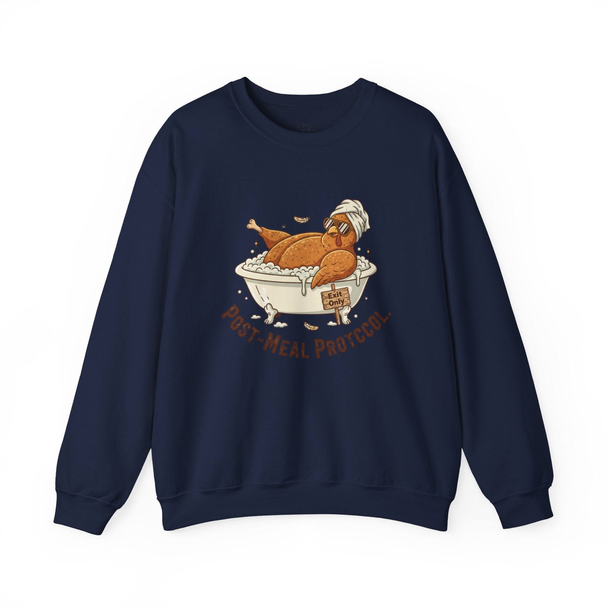 Crewneck Sweatshirt — "Post-Meal Protocol" Turkey Bath Cozy Graphic Pullover