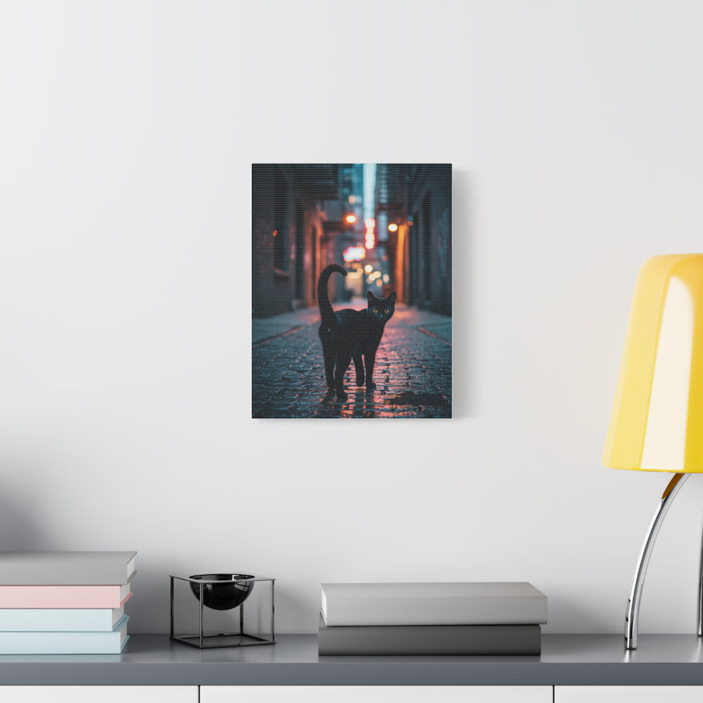 Black Cat Alley Matte Canvas Print — Noir Street Photography Wall Art
