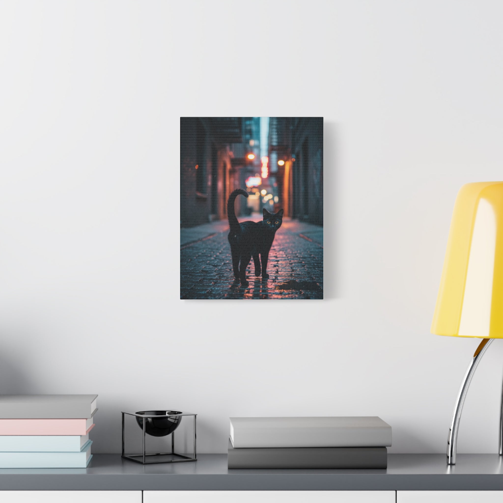 Black Cat Alley Matte Canvas Print — Noir Street Photography Wall Art