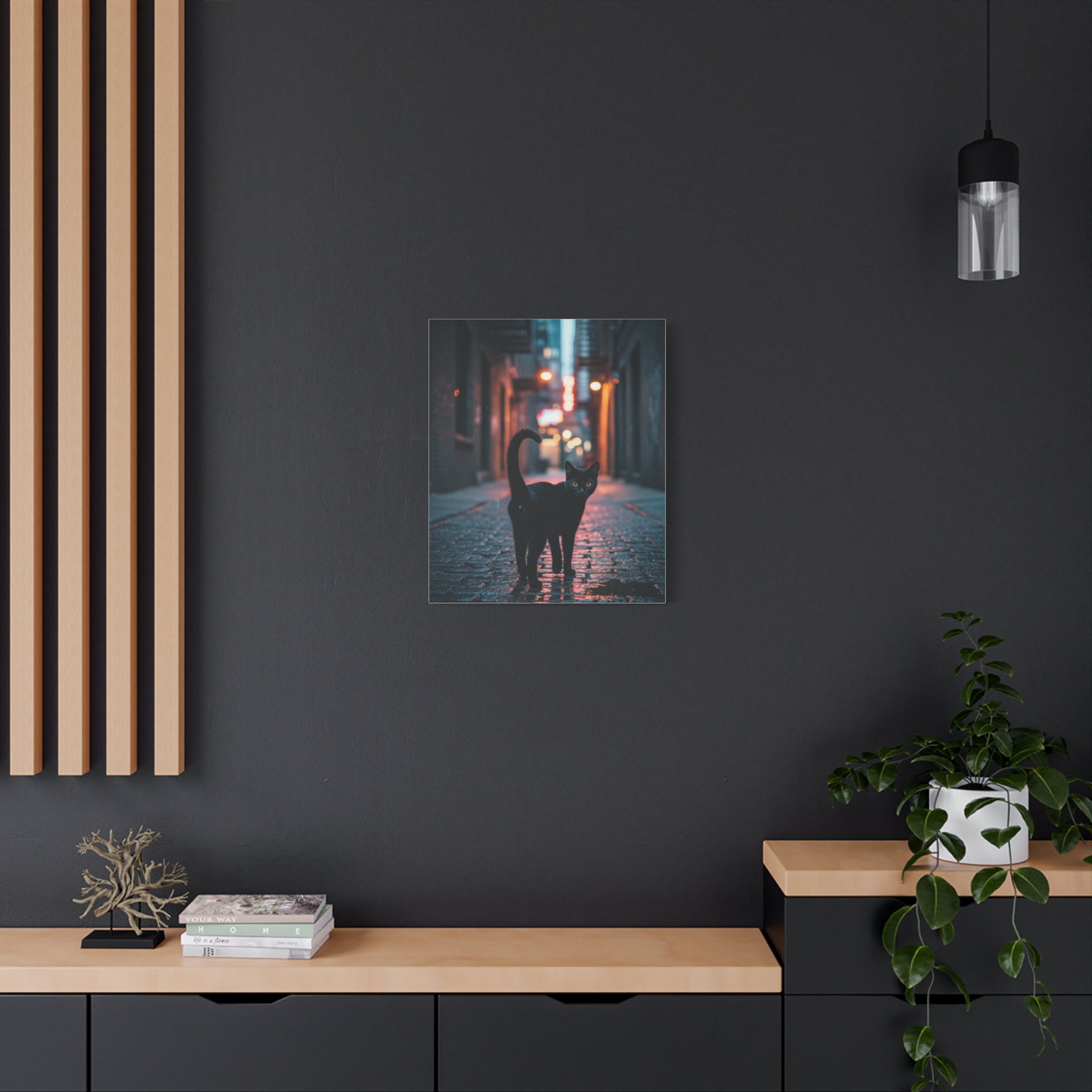 Black Cat Alley Matte Canvas Print — Noir Street Photography Wall Art