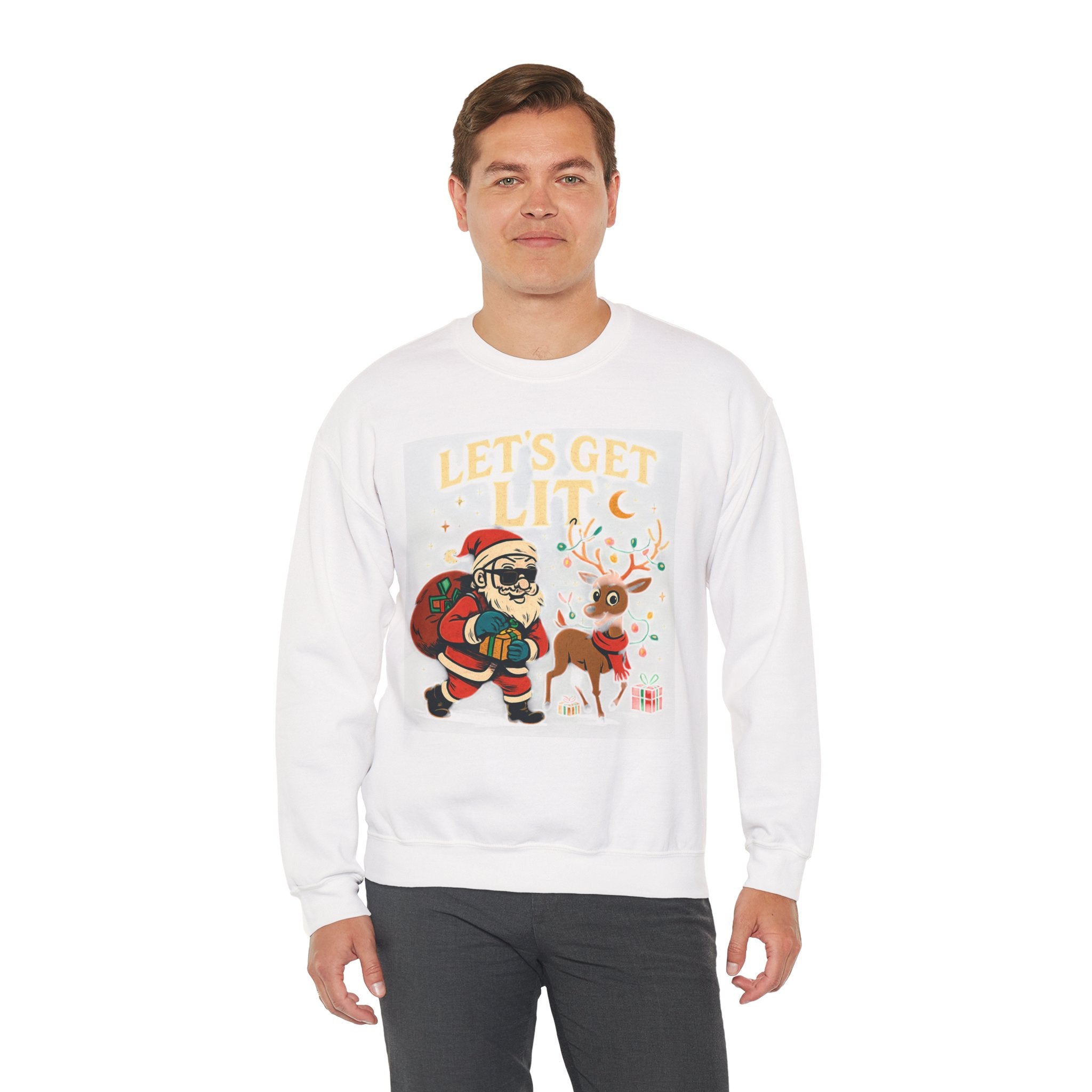 Crewneck Sweatshirt — 'Let's Get Lit' Santa & Reindeer Christmas Pullover