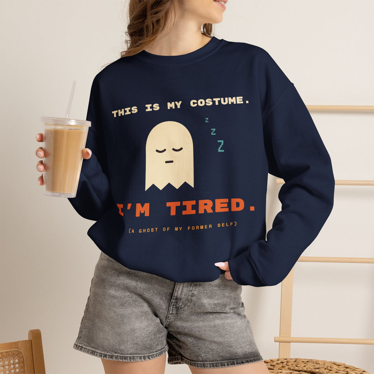 Crewneck Sweatshirt - "This Is My Costume. I’m Tired." Cute Sleepy Ghost Graphic