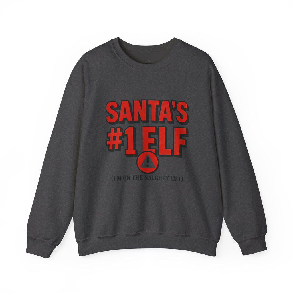 Santa's #1 Elf Crewneck Sweatshirt - Funny Holiday Christmas Sweater (I'm on the Naughty List)