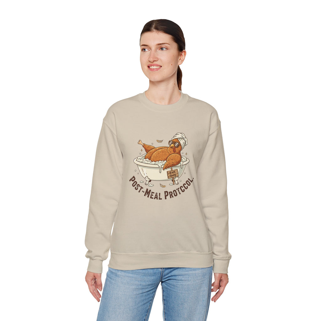 Crewneck Sweatshirt — "Post-Meal Protocol" Turkey Bath Cozy Graphic Pullover