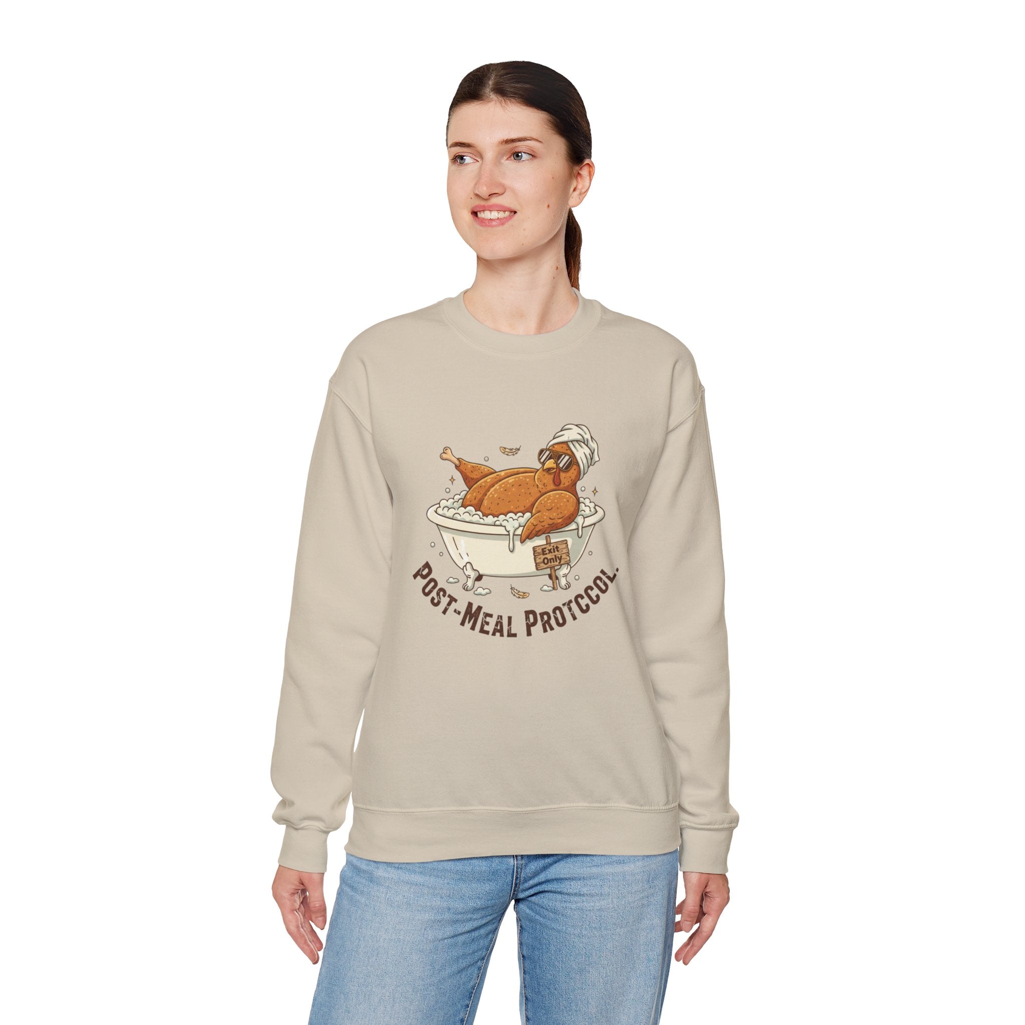 Crewneck Sweatshirt — "Post-Meal Protocol" Turkey Bath Cozy Graphic Pullover
