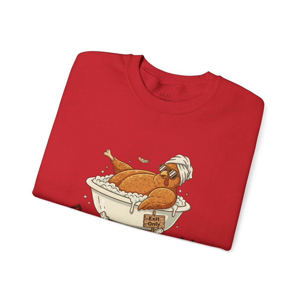 Crewneck Sweatshirt — "Post-Meal Protocol" Turkey Bath Cozy Graphic Pullover