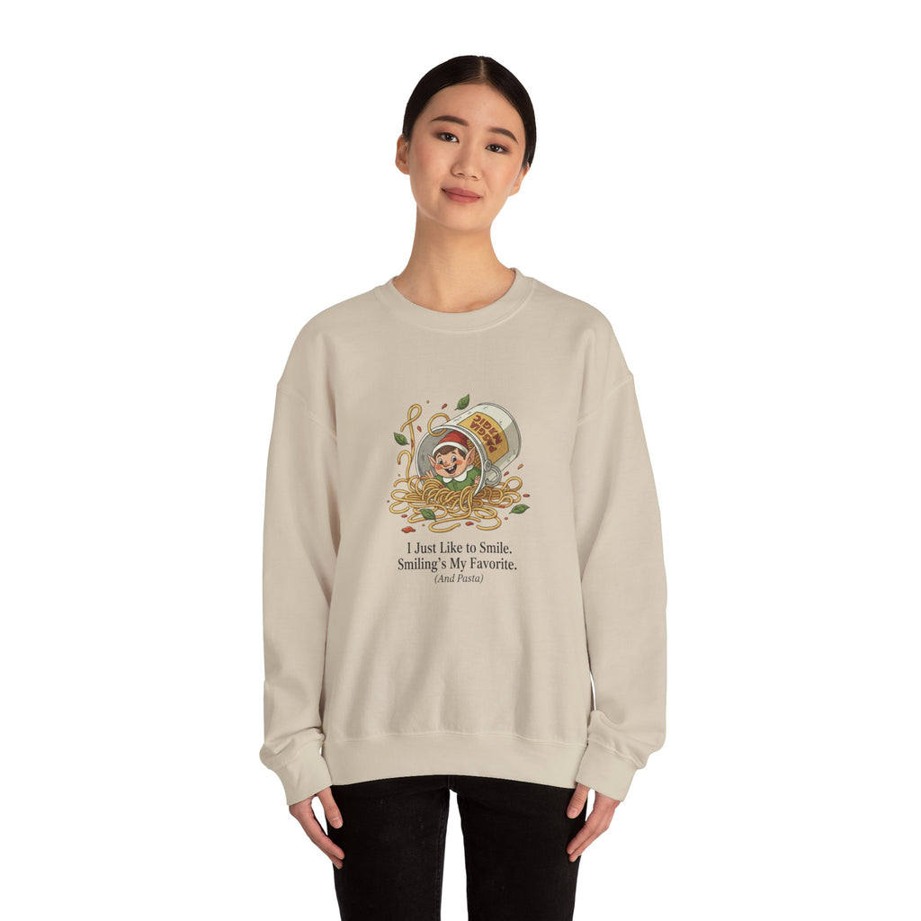 Crewneck Sweatshirt — Cute Coffee Jar Illustration with Quote “I Just Like to Smile, Smiling Is My Favorite”