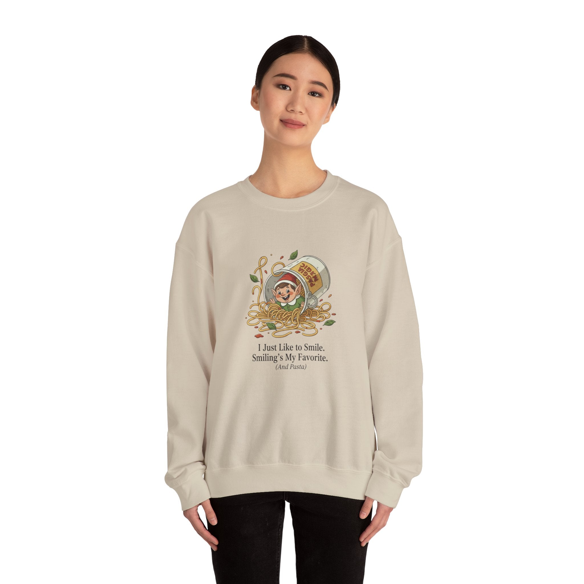 Crewneck Sweatshirt — Cute Coffee Jar Illustration with Quote “I Just Like to Smile, Smiling Is My Favorite”
