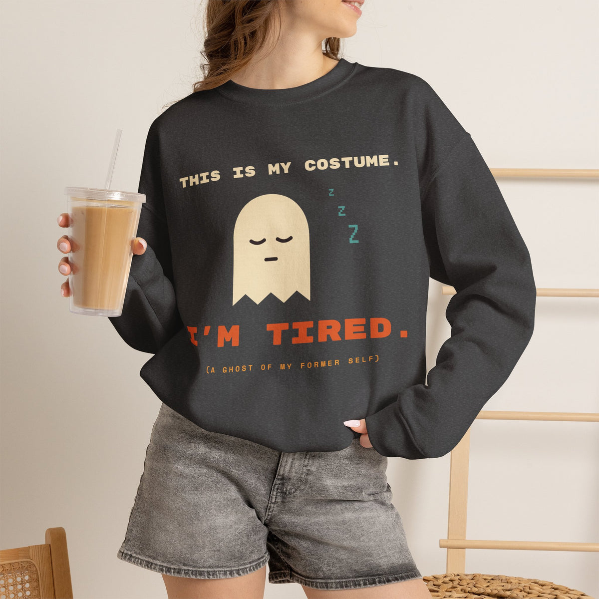 Crewneck Sweatshirt - "This Is My Costume. I’m Tired." Cute Sleepy Ghost Graphic