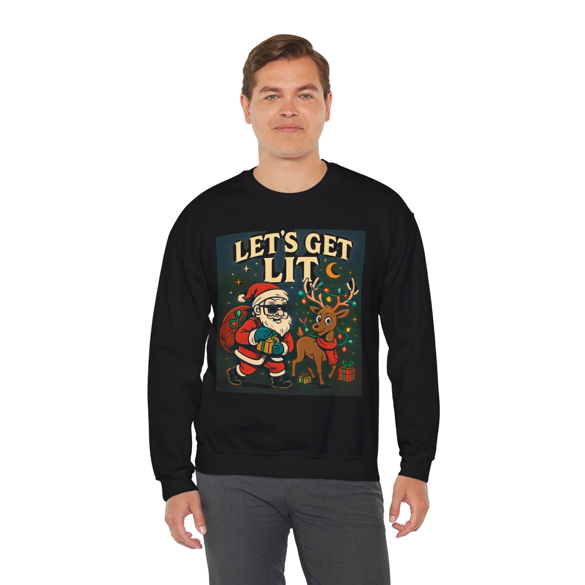 Crewneck Sweatshirt — 'Let's Get Lit' Santa & Reindeer Christmas Pullover