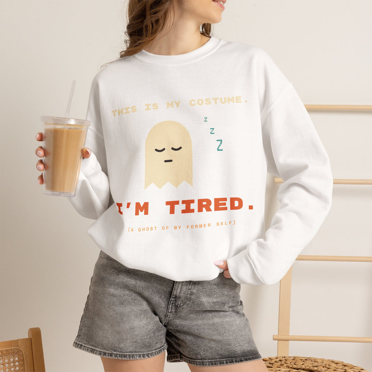 Crewneck Sweatshirt - "This Is My Costume. I’m Tired." Cute Sleepy Ghost Graphic