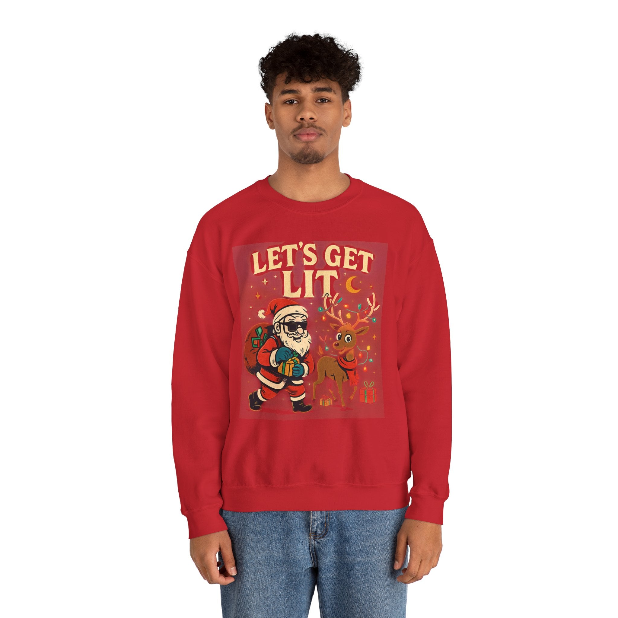 Crewneck Sweatshirt — 'Let's Get Lit' Santa & Reindeer Christmas Pullover