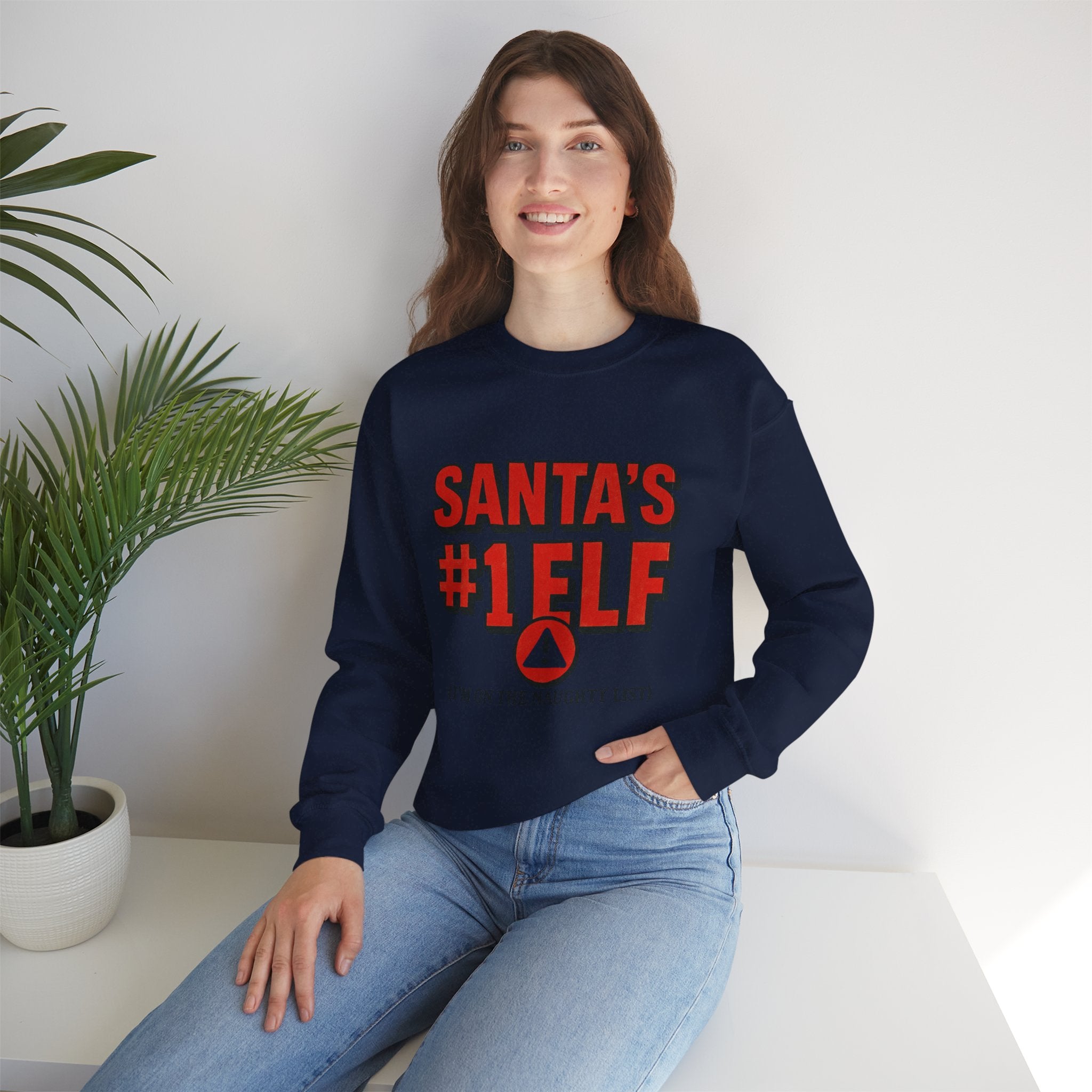 Santa's #1 Elf Crewneck Sweatshirt - Funny Holiday Christmas Sweater (I'm on the Naughty List)