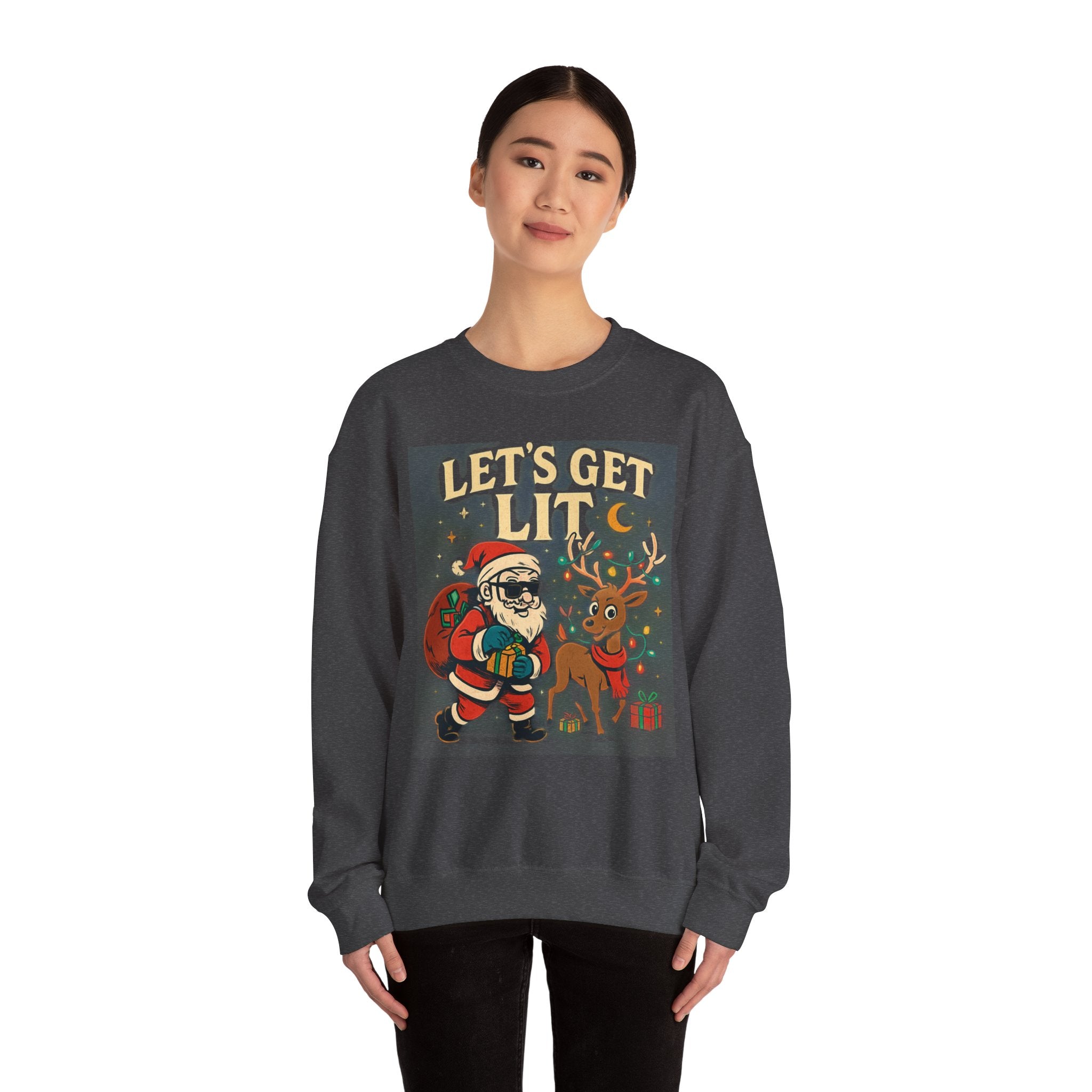 Crewneck Sweatshirt — 'Let's Get Lit' Santa & Reindeer Christmas Pullover