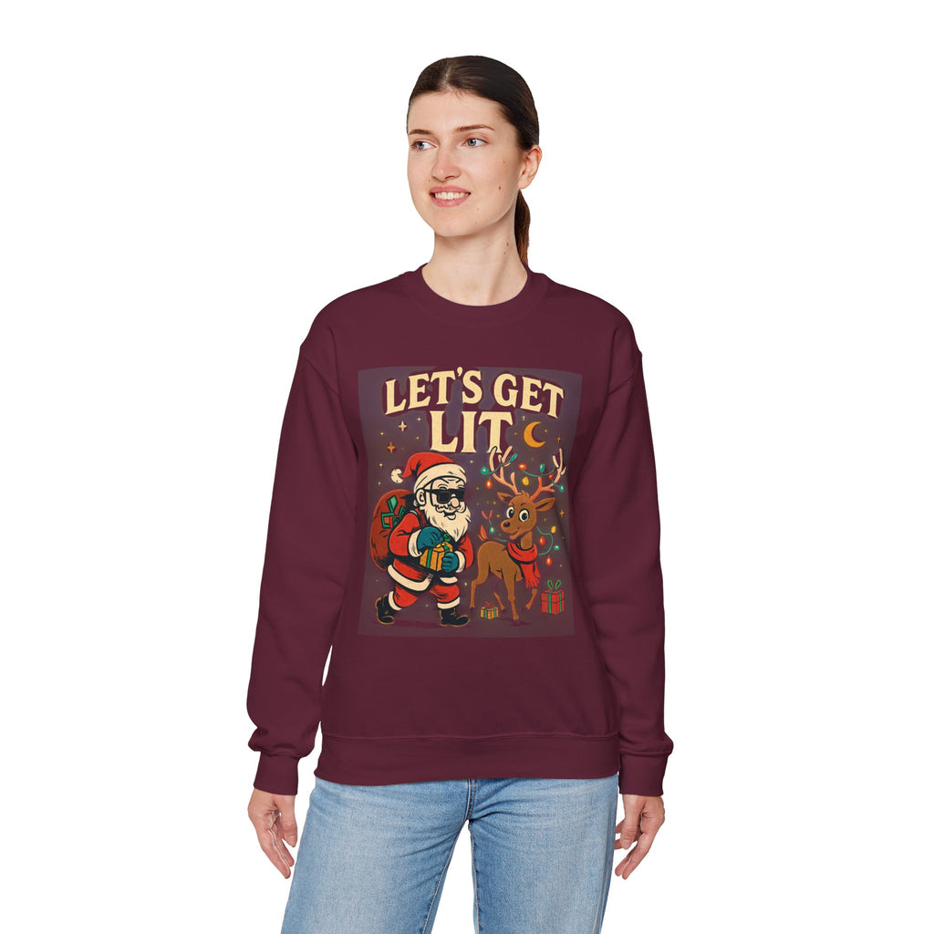 Crewneck Sweatshirt — 'Let's Get Lit' Santa & Reindeer Christmas Pullover