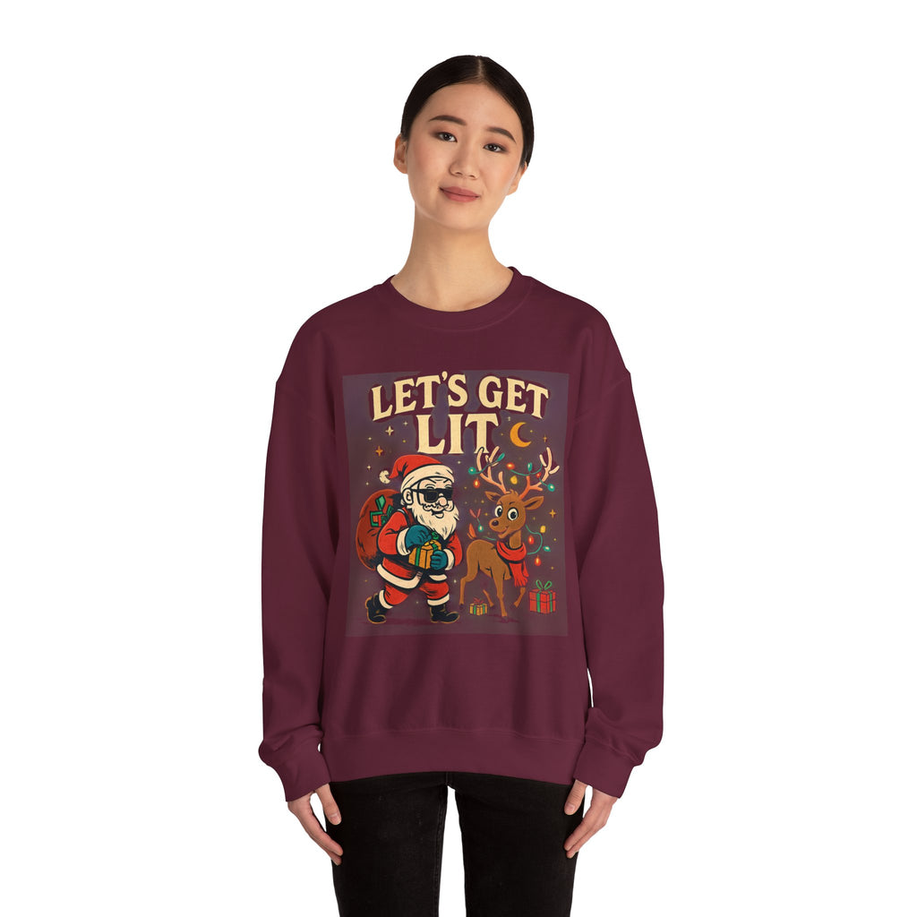 Crewneck Sweatshirt — 'Let's Get Lit' Santa & Reindeer Christmas Pullover