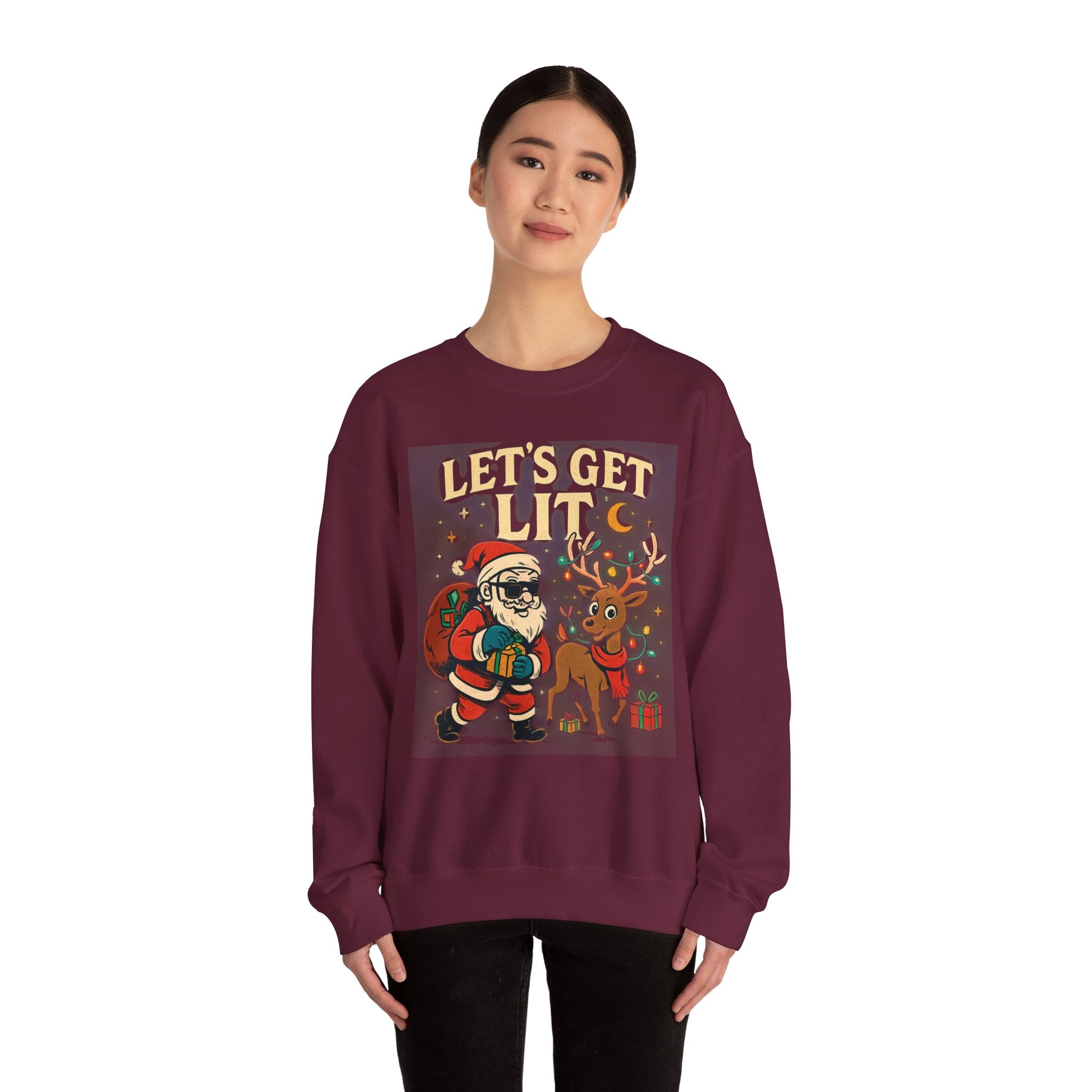 Crewneck Sweatshirt — 'Let's Get Lit' Santa & Reindeer Christmas Pullover