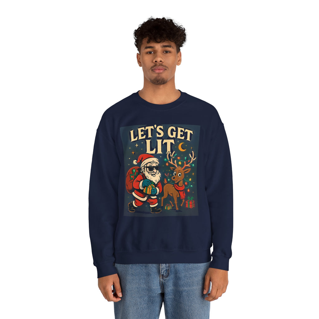 Crewneck Sweatshirt — 'Let's Get Lit' Santa & Reindeer Christmas Pullover