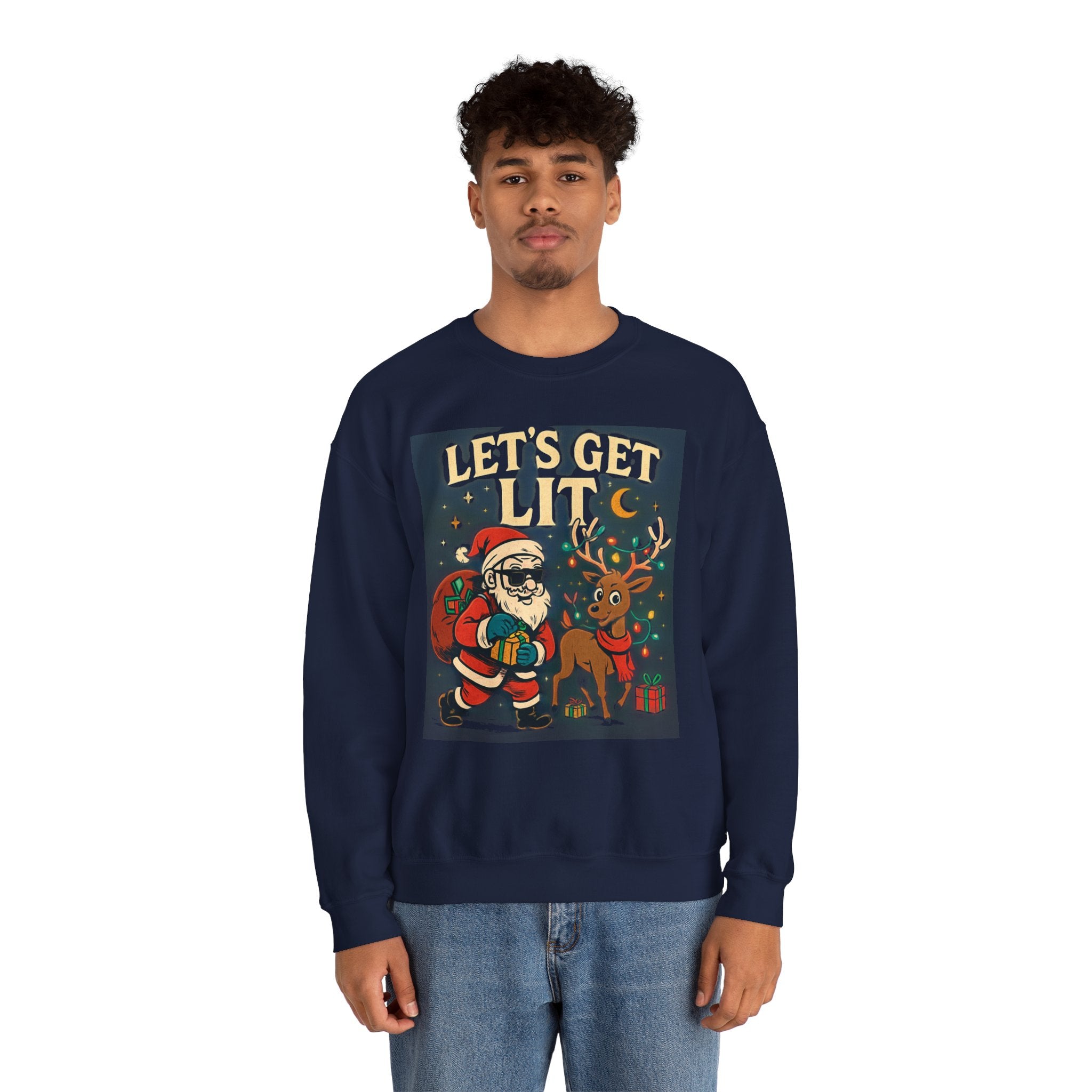 Crewneck Sweatshirt — 'Let's Get Lit' Santa & Reindeer Christmas Pullover