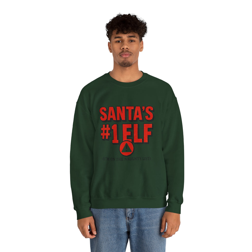 Santa's #1 Elf Crewneck Sweatshirt - Funny Holiday Christmas Sweater (I'm on the Naughty List)