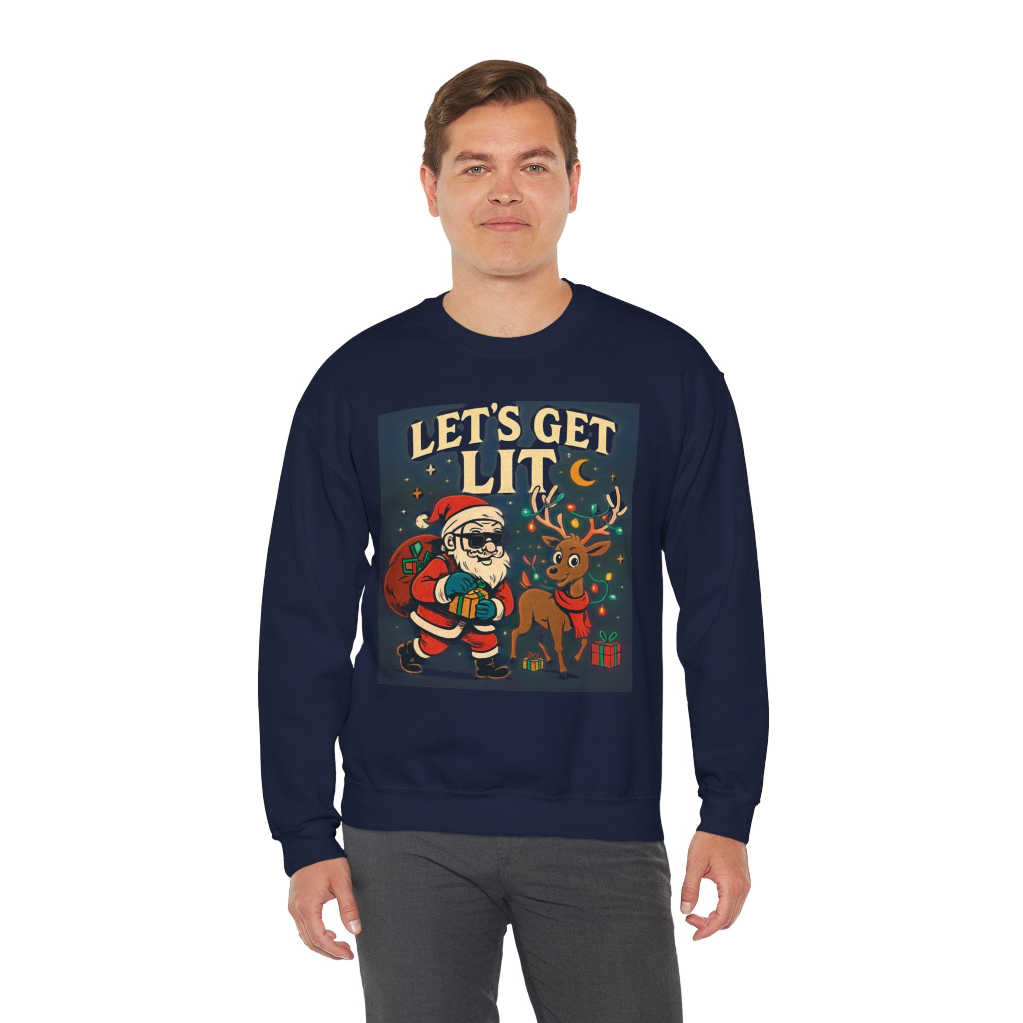 Crewneck Sweatshirt — 'Let's Get Lit' Santa & Reindeer Christmas Pullover