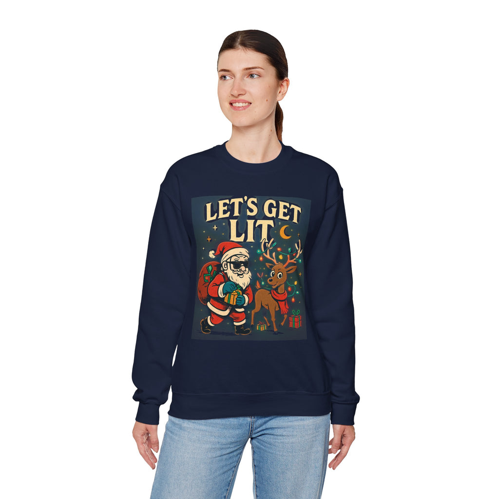 Crewneck Sweatshirt — 'Let's Get Lit' Santa & Reindeer Christmas Pullover