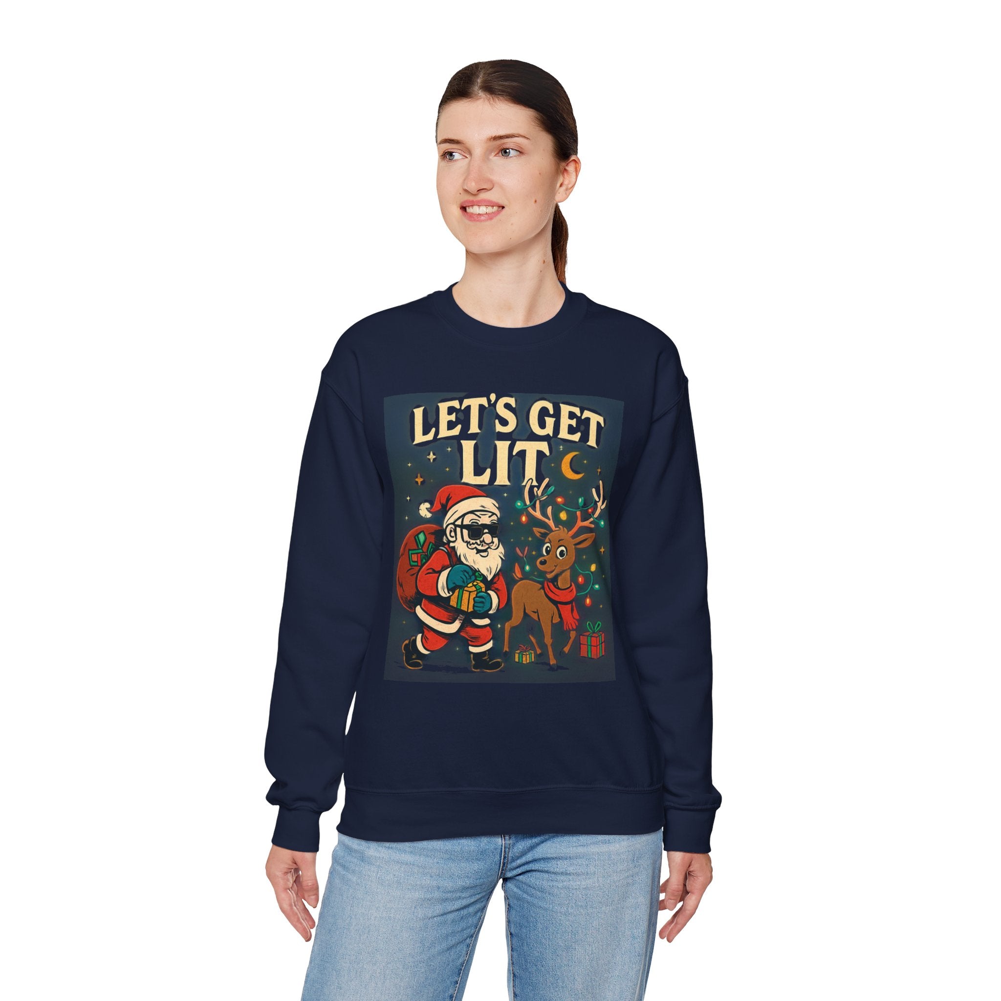 Crewneck Sweatshirt — 'Let's Get Lit' Santa & Reindeer Christmas Pullover