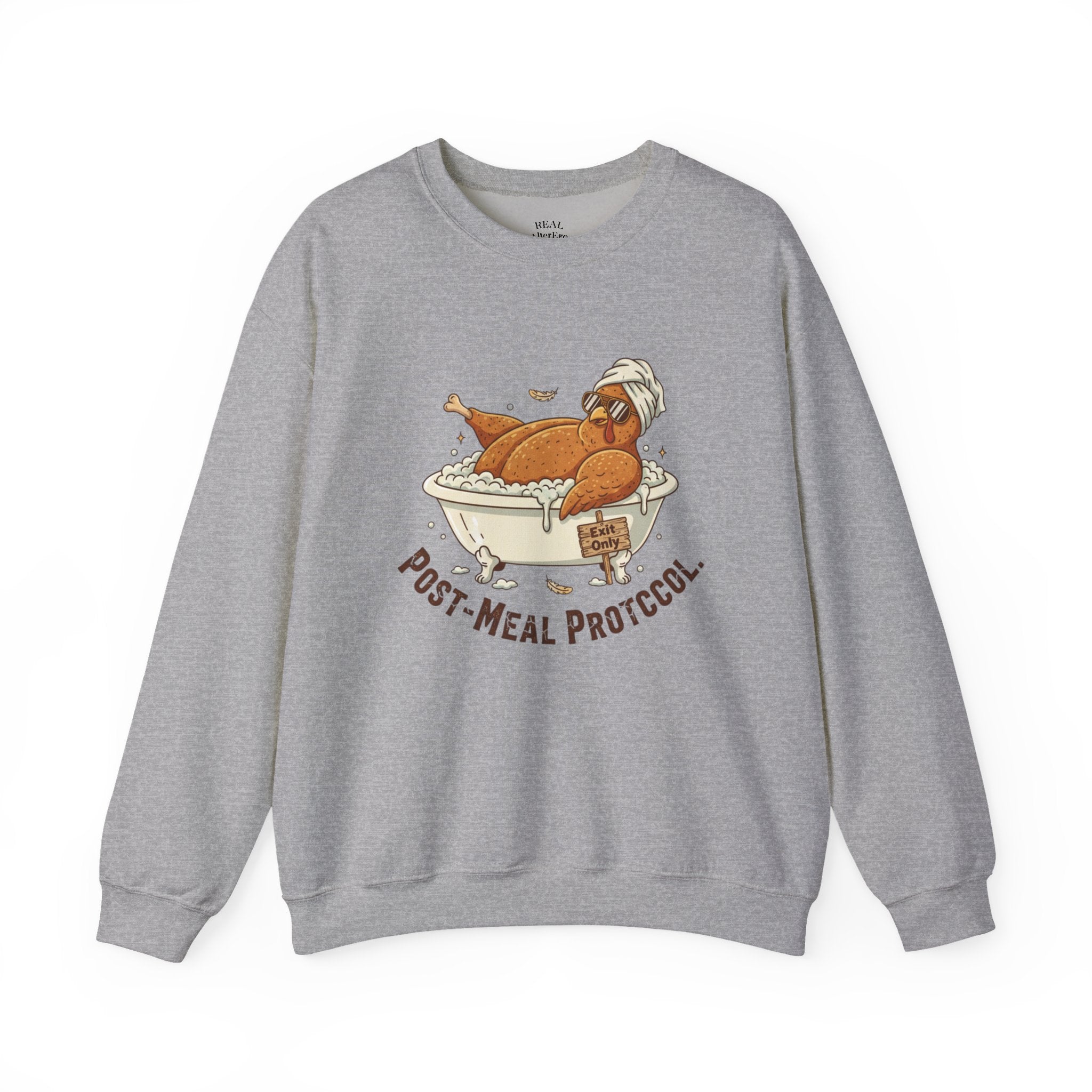 Crewneck Sweatshirt — "Post-Meal Protocol" Turkey Bath Cozy Graphic Pullover