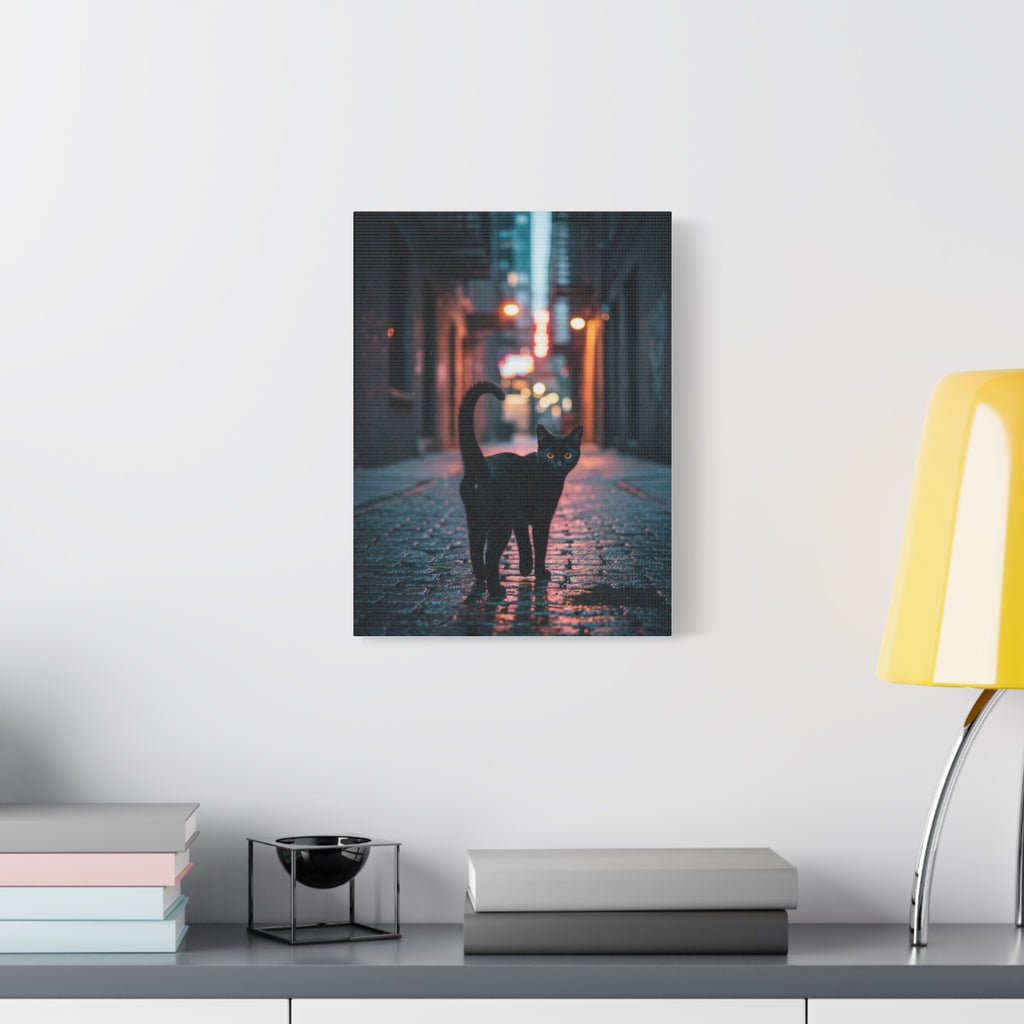 Black Cat Alley Matte Canvas Print — Noir Street Photography Wall Art